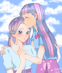 Size: 1080x1276 | Tagged: safe, artist:ecor土土, imported from derpibooru, rarity, twilight sparkle, human, equestria girls, duo, female, kissing, lesbian, rarilight, shipping