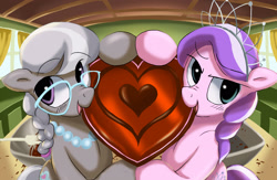 Size: 3072x2004 | Tagged: safe, artist:neoshrek, imported from derpibooru, diamond tiara, silver spoon, earth pony, pony, braid, chocolate, duo, food, glasses, heart, hearts and hooves day, holding, jewelry, necklace, tiara