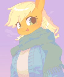 Size: 1713x2048 | Tagged: safe, artist:cheesesauce_45, imported from derpibooru, applejack, anthro, earth pony, clothes, cute, female, jackabetes, mare, open mouth, open smile, purple background, scarf, simple background, smiling, solo