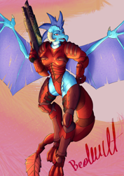 Size: 992x1403 | Tagged: safe, artist:artsybeowulf, imported from derpibooru, princess ember, anthro, dragon, abstract background, armor, badass, breasts, crossover, dragoness, female, gun, lizard breasts, mass effect, rifle, solo, urdnot wrex, weapon