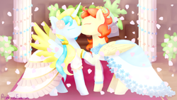 Size: 3932x2212 | Tagged: safe, artist:princessfaeron, imported from derpibooru, oc, oc only, alicorn, pegasus, pony, clothes, dress, duo, female, kiss on the lips, kissing, lesbian, mare, oc x oc, shipping, wedding dress