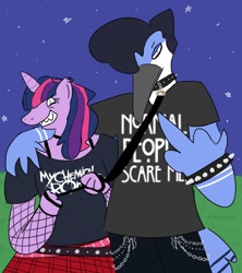 Size: 2000x2250 | Tagged: safe, artist:theshrugster, imported from derpibooru, twilight sparkle, anthro, bird, blue jay, unicorn, crossover, crossover shipping, duo, emo, female, femdom, grin, leash, male, middle finger, mordecai, mordetwi, regular show, shipping, smiling, straight, vulgar