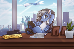 Size: 2700x1800 | Tagged: safe, artist:redahfuhrerking, imported from derpibooru, oc, oc only, oc:cloudy contrail, pegasus, pony, airship, chair, eye clipping through hair, eyebrows, eyebrows visible through hair, female, high res, hooves behind head, leaning back, looking at you, mare, office chair, paper, pegasus oc, pen, sitting, smiling, smiling at you, solo, statue of liberty, wings