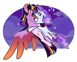 Size: 1280x1033 | Tagged: safe, artist:queerhorses, imported from derpibooru, rarity, twilight sparkle, alicorn, pony, unicorn, blushing, cloven hooves, colored wings, female, floppy ears, flying, gradient wings, lesbian, looking into each others eyes, mare, rarilight, shipping, simple background, sparkles, spread wings, transparent background, twilight sparkle (alicorn), twitterina design, wings