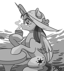 Size: 600x661 | Tagged: safe, artist:dragonfoxgirl, imported from derpibooru, twilight sparkle, alicorn, pony, cup, grayscale, hat, monochrome, sitting, solo, table, twilight sparkle (alicorn)