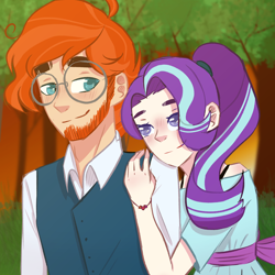 Size: 2250x2250 | Tagged: safe, artist:writtenheart, imported from derpibooru, starlight glimmer, sunburst, human, colored pupils, date, duo, female, hug, humanized, looking at each other, looking at someone, male, shipping, smiling, smiling at each other, starburst, straight