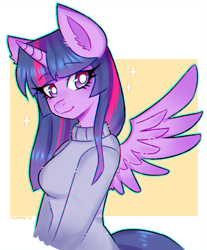Size: 1653x2000 | Tagged: safe, artist:puffyrin, imported from derpibooru, twilight sparkle, alicorn, anthro, chromatic aberration, clothes, female, simple background, solo, sweater, twilight sparkle (alicorn), white background, white pupils