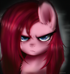Size: 1239x1300 | Tagged: safe, artist:puffyrin, imported from derpibooru, pinkie pie, earth pony, pony, angry, bust, frown, pinkamena diane pie, solo