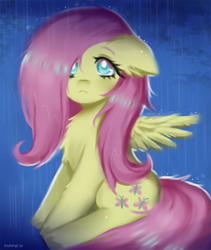 Size: 1200x1425 | Tagged: safe, artist:puffyrin, imported from derpibooru, fluttershy, pegasus, pony, floppy ears, rain, sitting, solo, wet, white pupils