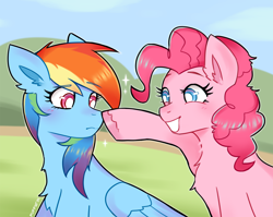 Size: 2000x1595 | Tagged: safe, artist:puffyrin, imported from derpibooru, pinkie pie, rainbow dash, earth pony, pegasus, pony, testing testing 1-2-3, blushing, boop, cute, dashabetes, diapinkes, duo, looking at each other, looking at someone, scene interpretation, sparkles, white pupils