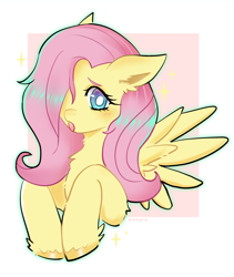 Size: 1500x1781 | Tagged: safe, artist:puffyrin, imported from derpibooru, fluttershy, pegasus, pony, bust, chest fluff, female, hair over one eye, looking at you, mare, open mouth, passepartout, solo, sparkles, spread wings, three quarter view, white pupils, wings