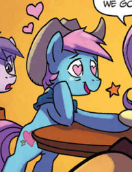 Size: 249x322 | Tagged: safe, artist:tonyfleecs, idw, imported from derpibooru, earth pony, pony, from the shadows, spoiler:comic, spoiler:comic51, comic, cotton love, cowboy hat, cute, hat, heart, heart eyes, jacaranda, lavender blossom, male, official comic, stallion, wingding eyes