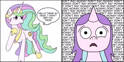 Size: 4000x2000 | Tagged: safe, artist:theapplequeen1, imported from derpibooru, princess celestia, oc, alicorn, pony, unicorn, 2 panel comic, comic, simple background, white background