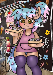 Size: 2480x3508 | Tagged: safe, artist:anykoe, imported from derpibooru, oc, earth pony, pony, semi-anthro, adorasexy, apron, bakery, clothes, cute, donut, food, sexy, socks, solo