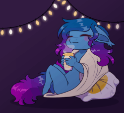 Size: 1100x1000 | Tagged: safe, artist:purplegrim40, imported from derpibooru, oc, oc only, anthro, bat pony, unguligrade anthro, animated, blanket, chibi, chocolate, christmas, christmas lights, commission, ear flick, eyes closed, female, floppy ears, food, gif, holiday, hot chocolate, nudity, pillow, solo, string lights, ych result
