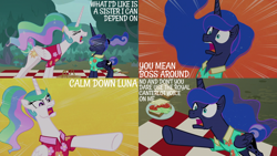 Size: 2000x1125 | Tagged: safe, edit, edited screencap, editor:quoterific, imported from derpibooru, screencap, princess celestia, princess luna, alicorn, pony, between dark and dawn, abstract background, angry, argument, basket, celestia is not amused, clothes, ethereal mane, ethereal tail, eyes closed, faic, female, food, hawaiian shirt, luna is not amused, mare, motion lines, open mouth, picnic basket, picnic blanket, pointing, ponytail, royal sisters, sandwich, shirt, siblings, sisters, sparkles, tail, traditional royal canterlot voice, unamused, yelling