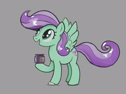 Size: 2732x2048 | Tagged: safe, artist:mandumustbasukanemen, imported from derpibooru, violet twirl, pegasus, pony, cosmetics, female, friendship student, gray background, mane styling, mare, open mouth, raised hoof, shiny, simple background, solo, spread wings, wings