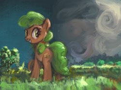 Size: 2732x2048 | Tagged: safe, artist:mandumustbasukanemen, imported from derpibooru, apple brown betty, earth pony, pony, apple family member, cloud, female, field, looking back, mare, scenery, smiling, solo