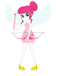 Size: 487x623 | Tagged: safe, artist:leahrow, artist:selenaede, imported from derpibooru, lovestruck, human, equestria girls, angelic wings, arrow, bare shoulders, base used, bow (weapon), clothes, cutie mark on clothes, dress, equestria girls style, equestria girls-ified, hair bun, high heels, looking at you, pink dress, recolor, shoes, simple background, sleeveless, smiling, solo, strapless, white background, wings