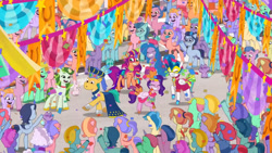 Size: 3072x1727 | Tagged: safe, imported from derpibooru, screencap, hitch trailblazer, izzy moonbow, pipp petals, sunny starscout, zipp storm, earth pony, pegasus, pony, rabbit, raccoon, unicorn, spoiler:g5, spoiler:my little pony: tell your tale, spoiler:tyts01e45, :o, adorapipp, autumn skies, bunnycorn, cherry flyaway, cute, dancing, delightful trifle, eyes closed, female, g5, grin, izzybetes, leaf (g5), lemon gear, male, mane five (g5), mare, my little pony: tell your tale, open mouth, open smile, plum library, ponykind parade-emonium, raccoonicorn, royal sisters (g5), siblings, sisters, smiling, stallion, sugarpuff lilac, sunny styles, unnamed character, unnamed pony