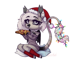 Size: 2670x2301 | Tagged: safe, artist:glanderyuk, imported from derpibooru, oc, oc only, oc:devilvoice, bat pony, semi-anthro, :p, bat pony oc, christmas, christmas lights, ear piercing, food, heart, holiday, jewelry, necklace, piercing, pizza, simple background, solo, tongue out, white background