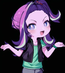 Size: 512x576 | Tagged: safe, editor:luckreza8, imported from derpibooru, starlight glimmer, human, equestria girls, ai content, ai generated, anime, black background, female, generator:pinegraph, simple background, solo