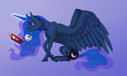 Size: 3543x2116 | Tagged: safe, artist:kefirvorob, imported from derpibooru, princess luna, alicorn, pony, concave belly, donut, female, food, glowing, glowing horn, gradient background, horn, magic, mare, reading, solo, telekinesis