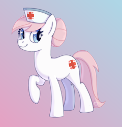 Size: 2112x2203 | Tagged: safe, artist:kefirvorob, imported from derpibooru, nurse redheart, earth pony, pony, female, gradient background, raised hoof, smiling, solo