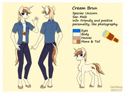 Size: 3000x2250 | Tagged: safe, artist:dash wang, imported from derpibooru, oc, oc:cream brun, anthro, pony, unicorn, anthro oc, clothes, cutie mark, hand, horn, male, reference sheet, unicorn oc