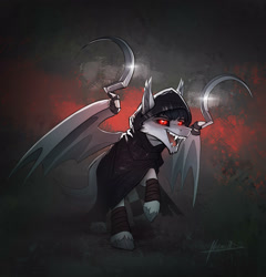 Size: 2874x3000 | Tagged: safe, artist:helmie-art, imported from derpibooru, bat pony, pony, awesome, cloak, clothes, death (puss in boots), dreamworks, fangs, grim reaper, male, ponified, puss in boots (film), puss in boots: the last wish, red eyes, shotel, shrek, sickle, simple background, solo, stallion, unshorn fetlocks