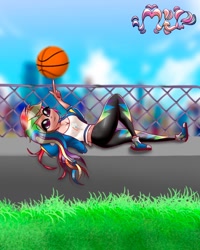 Size: 1080x1350 | Tagged: safe, artist:mlp-france-yt, imported from derpibooru, rainbow dash, human, basketball, female, humanized, lying down, on back, sports