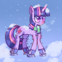 Size: 3000x3000 | Tagged: safe, artist:crystalkandy, imported from derpibooru, twilight sparkle, pony, unicorn, breath, clothes, female, grin, ice skating, nervous, nervous grin, scarf, smiling, snow, solo, unicorn twilight, winter