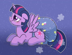 Size: 2593x2000 | Tagged: safe, artist:fillyscoots42, imported from derpibooru, twilight sparkle, alicorn, pony, air pushed out of diaper, decorated diaper, diaper, diaper fetish, fetish, floppy ears, lying down, non-baby in diaper, poofy diaper, prone, smiling, solo, starry diaper, twilight sparkle (alicorn)