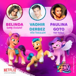 Size: 960x960 | Tagged: safe, imported from derpibooru, hitch trailblazer, pipp petals, sunny starscout, earth pony, pegasus, pony, belinda, female, g5, hasbro studios, latin american, logo, male, mare, my little pony: a new generation, netflix, netflix logo, nudity, official, paulina goto, poster, spanish, stallion, vadhir derbez, voice actor