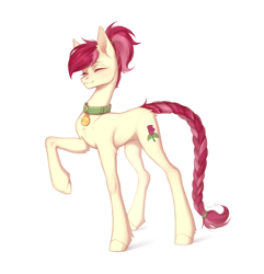 Size: 2700x2800 | Tagged: safe, alternate version, artist:inarimayer, imported from derpibooru, roseluck, earth pony, pony, alternate hairstyle, braid, braided tail, chest fluff, collar, commission, commissioner:doom9454, cute, eyes closed, female, full body, mare, pet collar, pet tag, pony pet, ponytail, raised hoof, rosepet, simple background, solo, standing, tail, white background