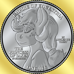 Size: 1024x1024 | Tagged: safe, artist:korencz11, imported from derpibooru, applejack, alicorn, pony, coin, fanfic, fanfic art, solo