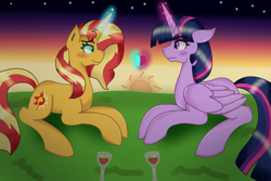 Size: 1200x800 | Tagged: safe, artist:dazzlingmimi, imported from derpibooru, sunset shimmer, twilight sparkle, alicorn, pony, unicorn, alcohol, duo, eye contact, female, glowing, glowing horn, horn, lesbian, looking at each other, looking at someone, shipping, sunset, sunsetsparkle, twilight sparkle (alicorn), wine