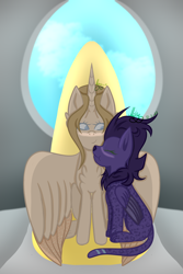 Size: 3600x5400 | Tagged: safe, artist:thecommandermiky, imported from derpibooru, oc, oc only, oc:artura, oc:miky command, alicorn, pegasus, pony, alicorn oc, blushing, eyes closed, eyes open, female, happy, horn, lesbian, long tail, looking at each other, looking at someone, oc x oc, pegasus oc, purple hair, purple mane, shipping, sitting, smiling, spread wings, tail, throne, throne room, window, wings, yellow hair, yellow mane