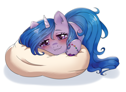 Size: 1950x1428 | Tagged: safe, artist:ponchik_art, imported from derpibooru, izzy moonbow, pony, unicorn, :3, blushing, bracelet, cute, friendship bracelet, g5, izzybetes, jewelry, looking at you, lying down, old art, pillow, simple background, sleepy, solo, unshorn fetlocks, white background