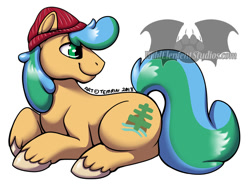 Size: 932x700 | Tagged: safe, artist:temrin, imported from derpibooru, oc, oc only, oc:trail blazer, earth pony, 2018, beanie, colored hooves, earth pony oc, hat, male, mascot, signature, simple background, solo, stallion, unshorn fetlocks, vanhoover, watermark, white background