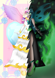 Size: 3483x4938 | Tagged: safe, artist:dazzlingmimi, imported from derpibooru, princess cadance, queen chrysalis, human, fake cadance, horn, horned humanization, humanized, two sides, winged humanization, wings