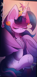 Size: 1055x2160 | Tagged: safe, artist:miryelis, imported from derpibooru, part of a set, twilight sparkle, alicorn, pony, big ears, colored wings, crown, ear piercing, earring, element of magic, eyes closed, flying, full body, gradient background, horn, impossibly large ears, jewelry, piercing, regalia, serious, solo, text, twilight sparkle (alicorn), wings