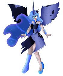 Size: 4902x5877 | Tagged: safe, artist:dazzlingmimi, imported from derpibooru, nightmare moon, princess luna, human, absurd resolution, crying, eye clipping through hair, eyebrows, eyebrows visible through hair, female, horn, horned humanization, humanized, nightmare luna, open mouth, simple background, solo, spread wings, transformation, transparent background, winged humanization, wings