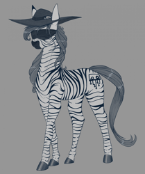 Size: 1756x2098 | Tagged: safe, artist:stray prey, imported from derpibooru, oc, oc only, oc:panacea, zebra, blindfold, female, gray background, grayscale, hat, mare, monochrome, simple background, solo, zebra oc