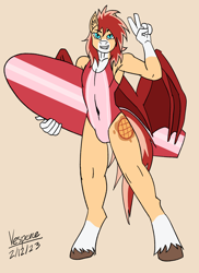 Size: 1784x2452 | Tagged: safe, artist:vesperce, imported from derpibooru, oc, oc:waffle syrup, anthro, bat pony, clothes, crossdressing, crotch bulge, one-piece swimsuit, solo, surfboard, swimsuit