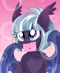 Size: 2232x2732 | Tagged: safe, artist:spookyle, imported from derpibooru, oc, oc only, oc:moonlit mist, bat pony, pony, bat pony oc, female, hearts and hooves day, holiday, letter, mare, mouth hold, solo, valentine's day