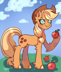 Size: 1600x1900 | Tagged: safe, artist:crystalkandy, imported from derpibooru, applejack, earth pony, pony, apple, cowboy hat, female, food, hat, hoof hold, looking at you, mare, solo