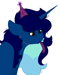 Size: 1249x1552 | Tagged: safe, artist:calibykitty, imported from derpibooru, oc, oc only, oc:midnight specter, alicorn, pony, birthday, hat, messy mane, party hat, party horn, simple background, solo, tired eyes, transparent background