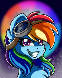 Size: 1600x2000 | Tagged: safe, artist:blackiethepony, imported from derpibooru, rainbow dash, pegasus, pony, bust, chest fluff, female, goggles, goggles on head, grin, mare, portrait, smiling, solo