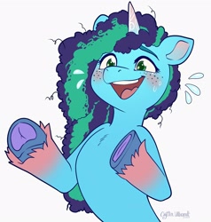 Size: 2058x2160 | Tagged: safe, artist:caytlin vilbrandt, imported from derpibooru, pony, unicorn, blushing, cute, emanata, female, freckles, frog (hoof), g5, mare, misty brightdawn, mistybetes, nervous sweat, open mouth, open smile, simple background, smiling, solo, sweat, sweatdrops, underhoof, white background